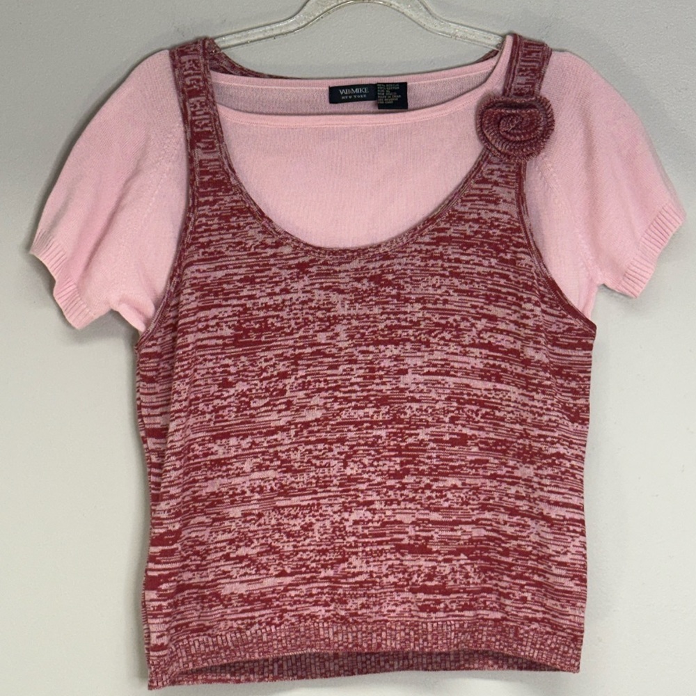 Val & Mike New York Pink and Red Knit soft vest and shirt size XL with flower